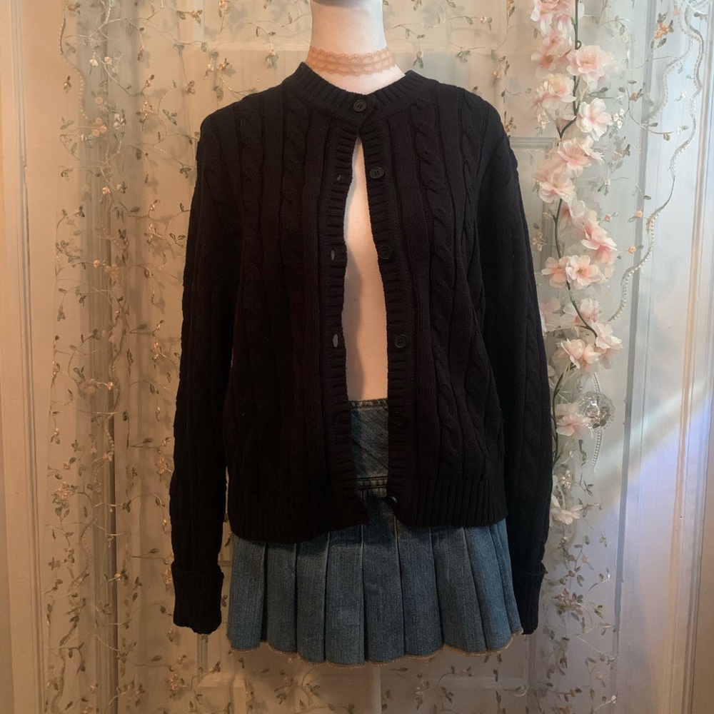 black cable knit button up cardigan size L